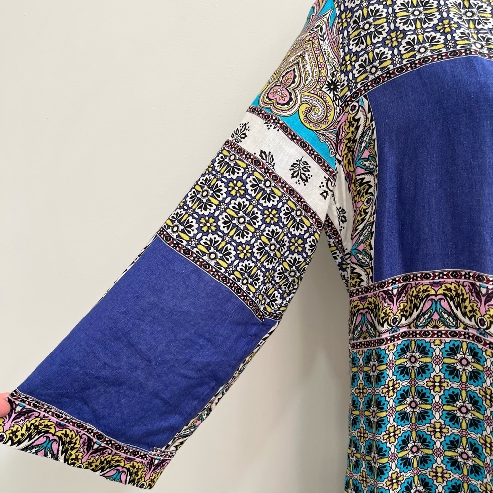 Chico's Patchwork Linen Long Kimono Duster Cardigan Topper Mixed Media Size 8/10 - Picture 7 of 13